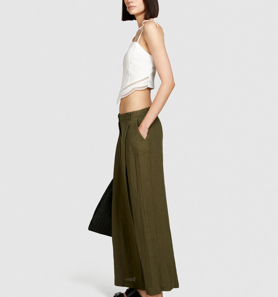 Wide leg 100% linen trousers - women's palazzo trousers - Military Green | Sisley image number 2